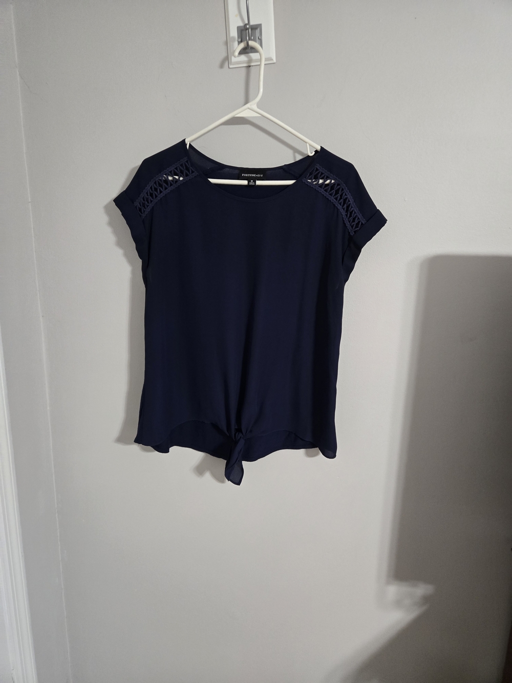 Forever 21 Navy Crochet-Shoulder Tie-Front Blouse